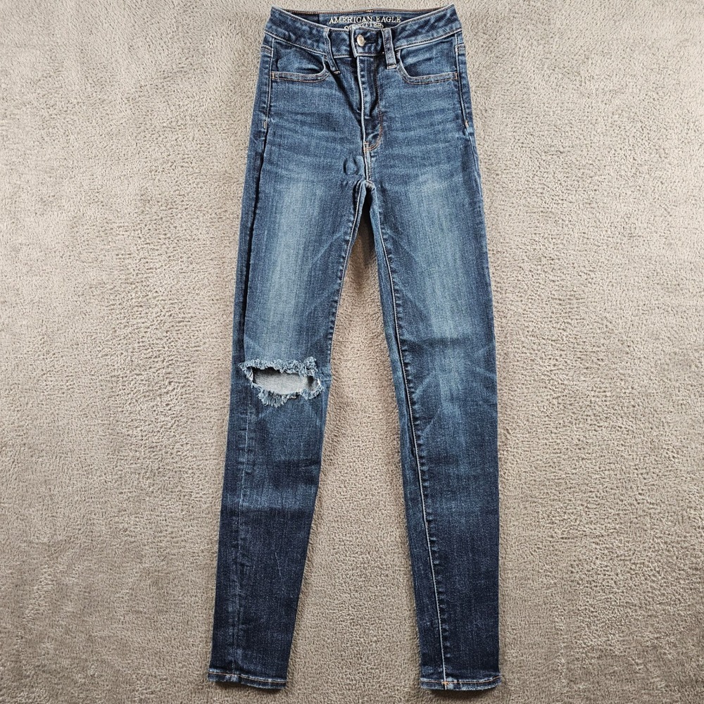 American Eagle Super Hi-Rise Jegging Dark Wash Distressed Jeans 00 Regular